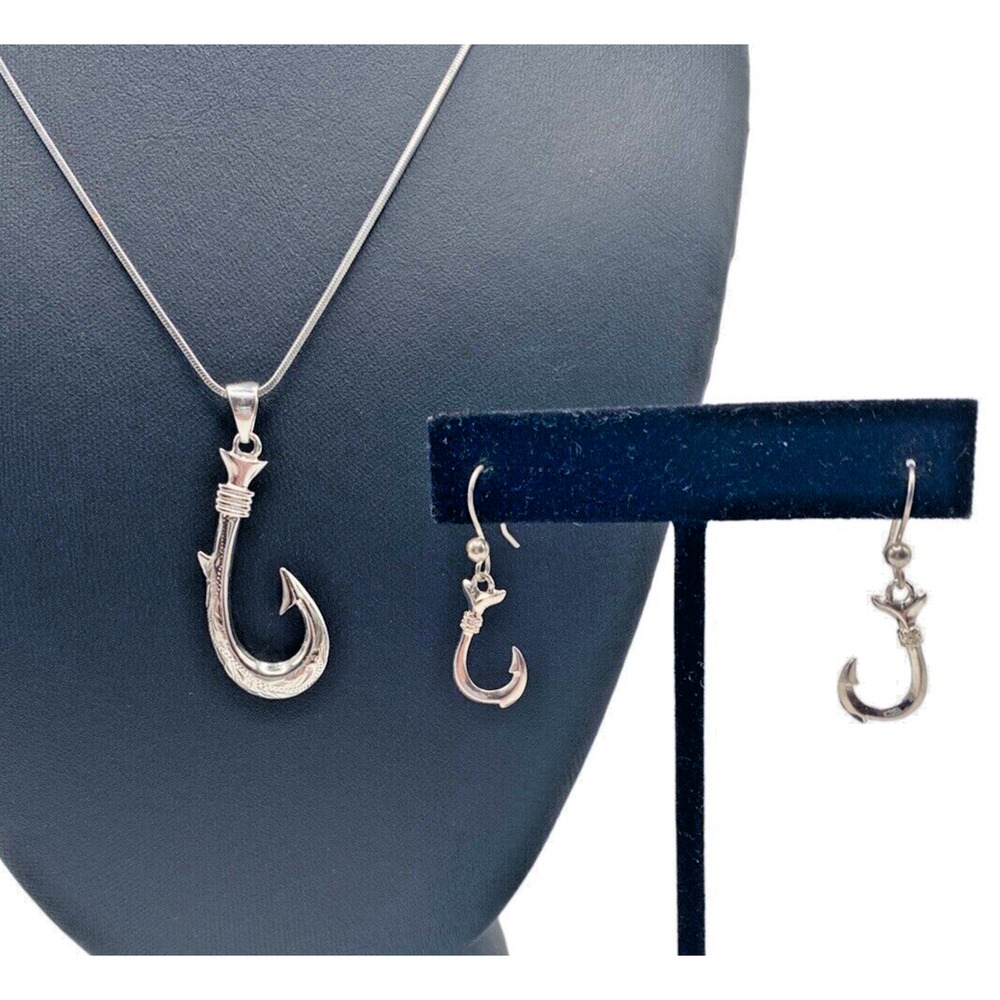 Hawaiian Fish Hook Pendant Necklace Earring Set Rhodium Etched Aloha Beach Surf - Picture 2 of 9